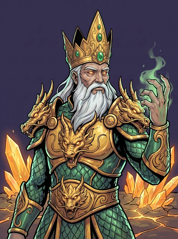 Batara Antaboga, a white-bearded naga king in green dragon-scale armour