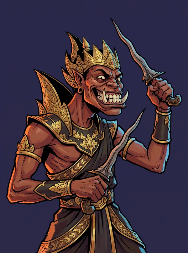 Ditya Kala Cakil, a red raksasa with an underbite and twin keris