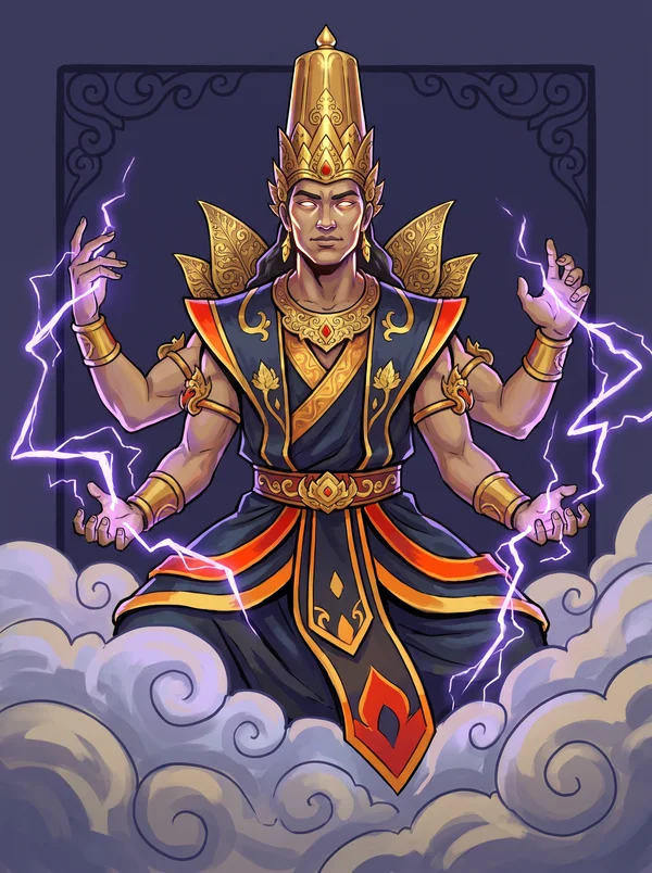 Four-armed Batara Guru, crowned, lightning crackling from his hands above the clouds