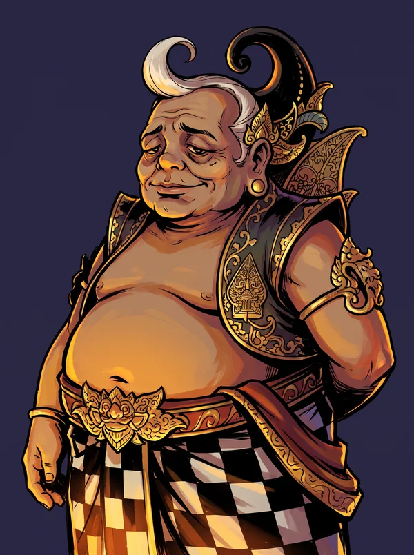 Semar, a round old man with a white tuft of hair and a checkered sarong