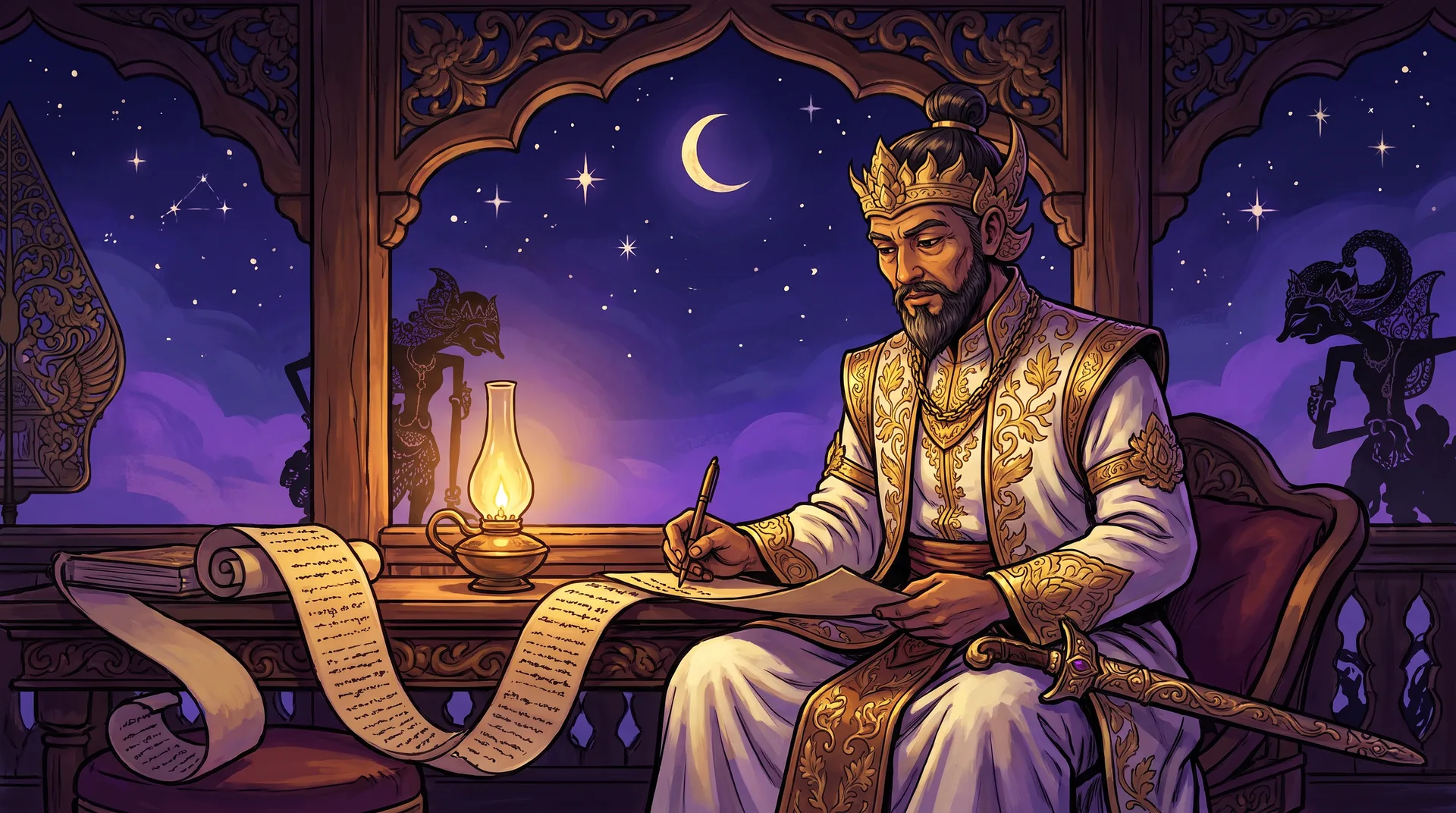 Prabu Jayabaya writing his prophecy by lamplight