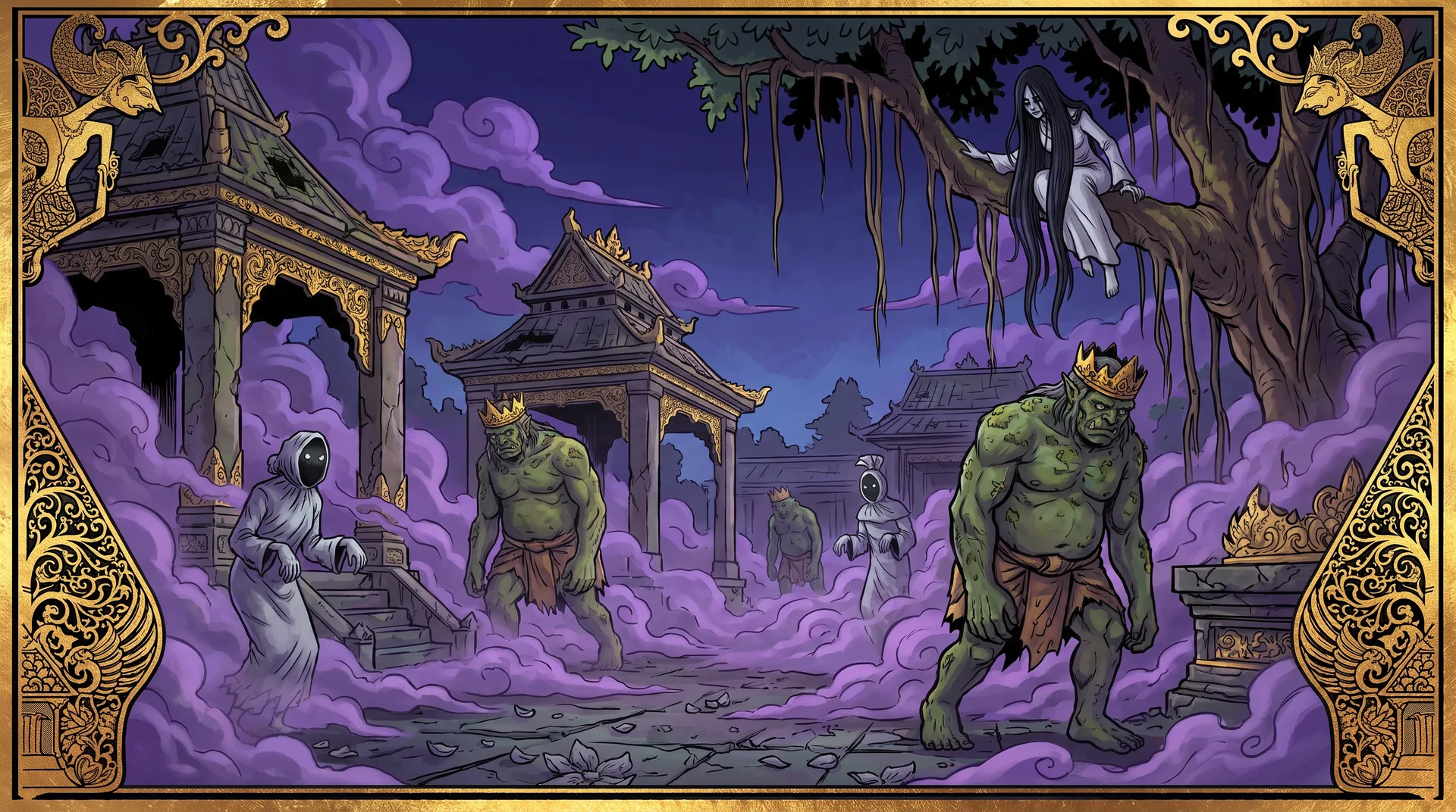 Green Buto ogres and shrouded dead walk through a kraton drowned in violet mist