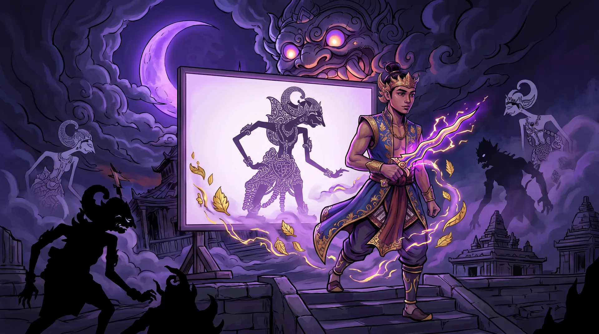 Jayabaya steps out of the glowing puppet screen, keris crackling with violet light