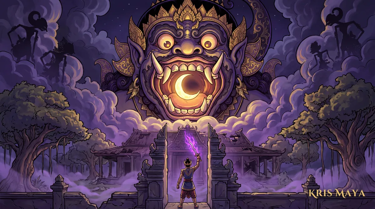 Batara Kala fills the sky above the kraton, the moon in his jaws