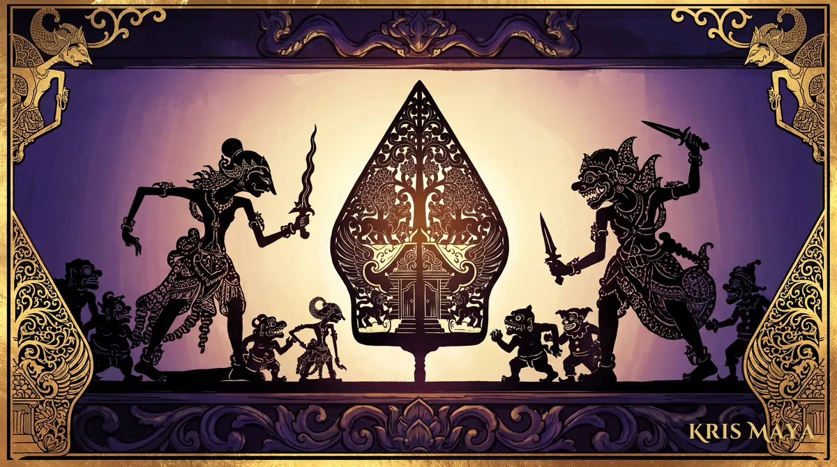 Hero and demon as wayang shadow puppets on the lit screen