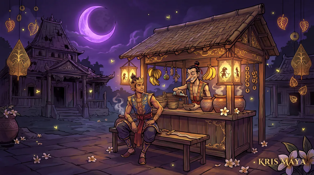 Petruk pours jamu for Jayabaya at a lantern-lit stall